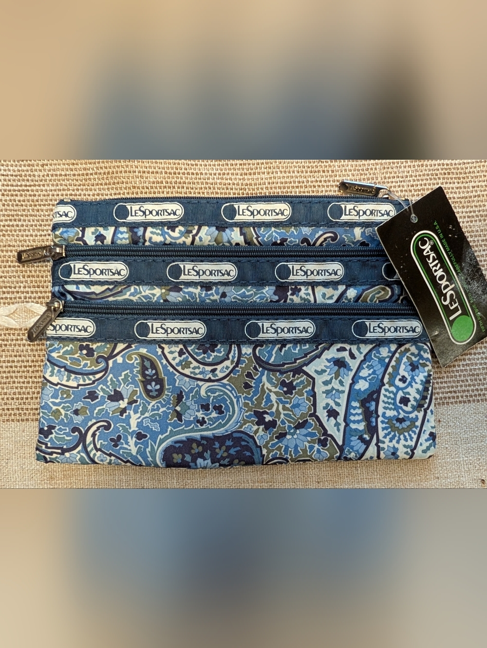 Lesportsac Blue Paisley Toiletry Bag with Logo Straps Cosmetic Bag 3 Zip